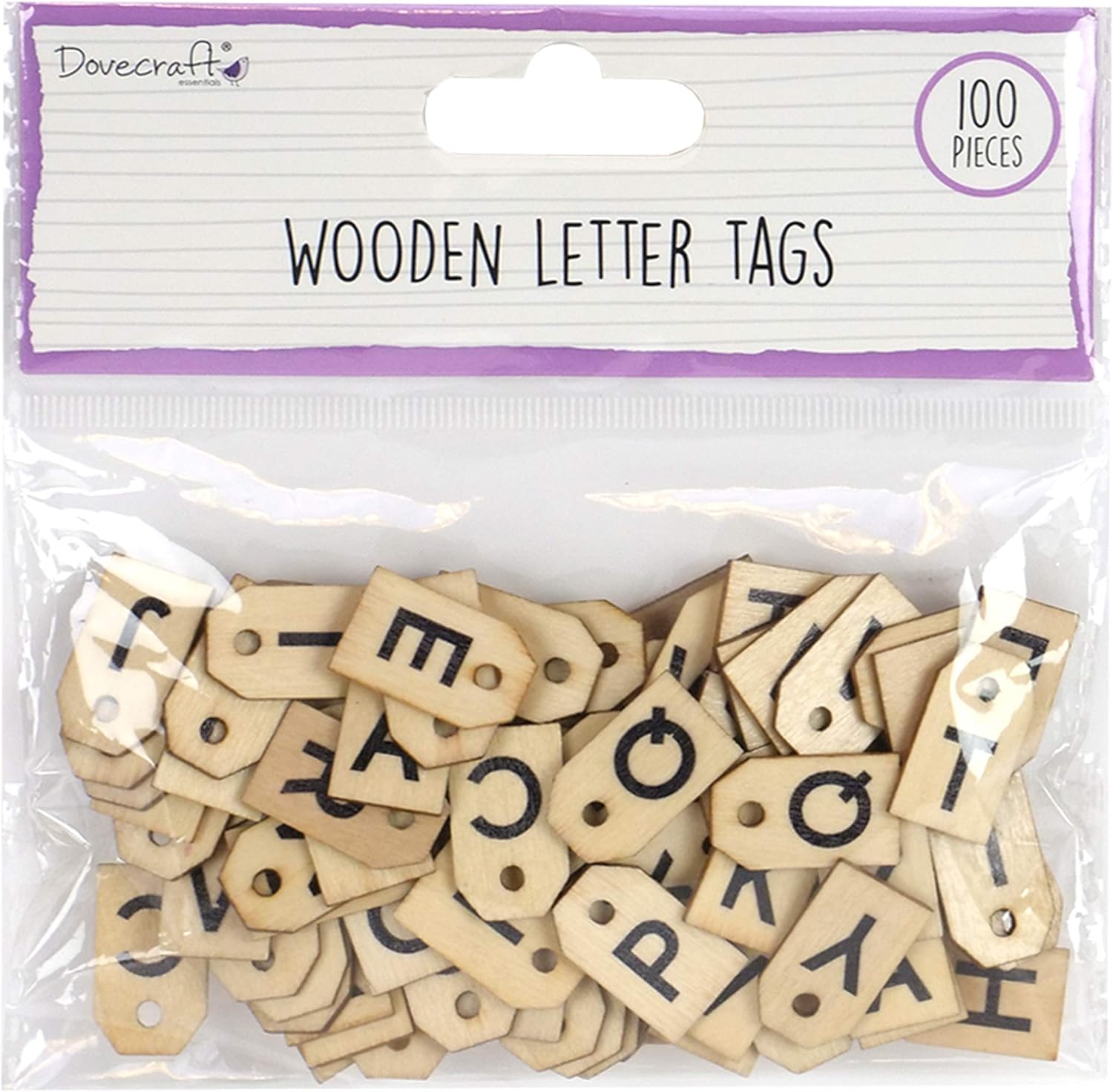 Dovecraft DCBS215 Essentials Wooden Letter 1.5X 2.5cm Drilled Holes-Tag Shape-Pre-Printed Alphabet Tiles-100 Pieces-for Card Making DIY