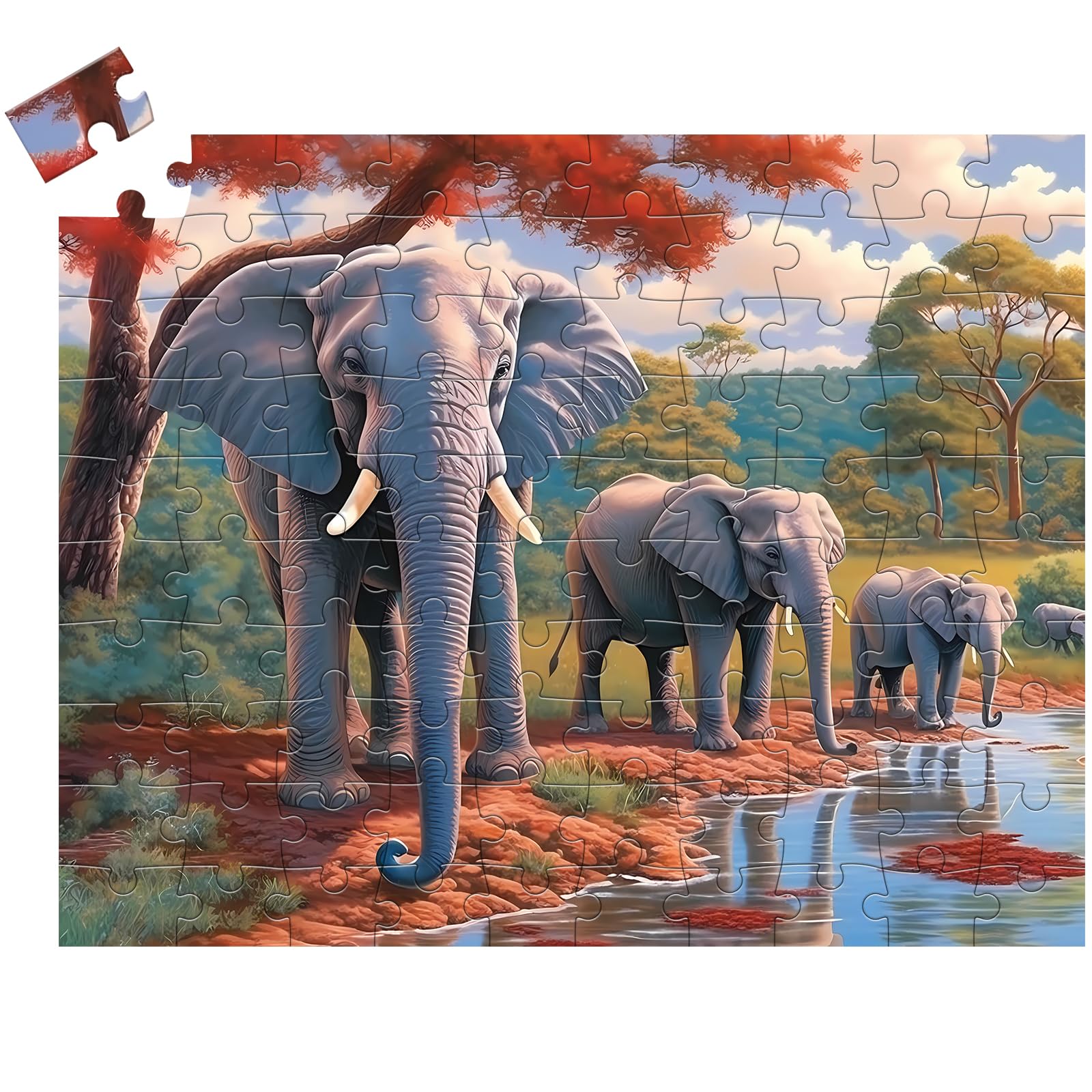 100 Piece Big Piece Jigsaw Puzzle for Seniors Elephant Forest Dementia Large Piece Puzzles for Seniors- Alzheimer's Activity for Adults Puzzle- Best Memory Game for Patiens in Nursing Home 15" x 19"