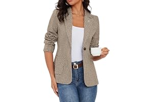 ELLEVEN Women's Houndstooth Blazer Lapel Collar Outfits Suit Work Office Blazer Jacket