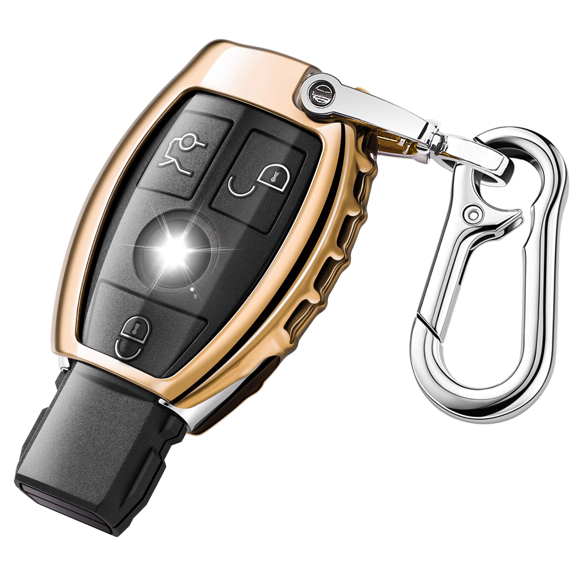 QBUC Car Key Cover for Mercedes Benz Soft TPU Car Key Case Holder Protector with Keychain Compatible with Mercedes Benz C E S M CLS CLK G Class Keyless Smart Key Fob (Gold)