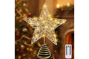 AUMAYCO Christmas Gold Star Tree Toppers Metal Lighted with 20 LED Lights, Remote Control Star Tree Topper for Christmas Tree Decorations and Xmas Holiday Seasonal Décor, 11.8 x 9.5 Inch