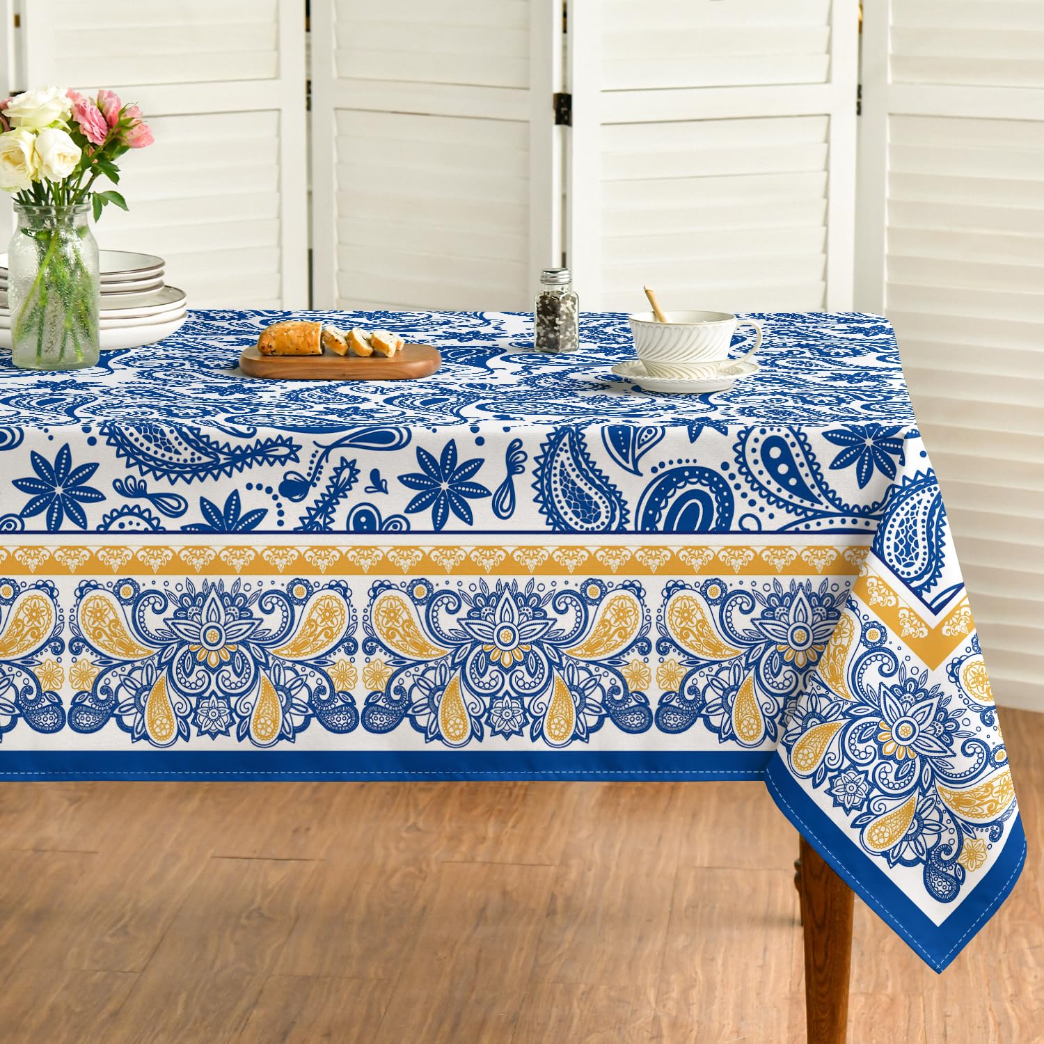 Photo 1 of Horaldaily Boho Floral Bordered Tablecloth 60×120 Inch Rectangular, Paisley Blue Washable Seasonal Table Cover for Party Picnic Dinner Decor