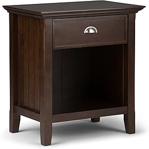 SIMPLIHOME Acadian 24 inches Wide Night Stand, Bedside table, Brunette Brown SOLID WOOD, Rectangle, with Storage, 1 Drawer and 1 Shelf, For the Bedroom, Rustic