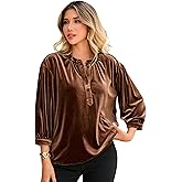 R.Vivimos Fall Tops for Women 2026 Velvet 3/4 Sleeve Henley Button Up Loose Casual Blouses Shirts