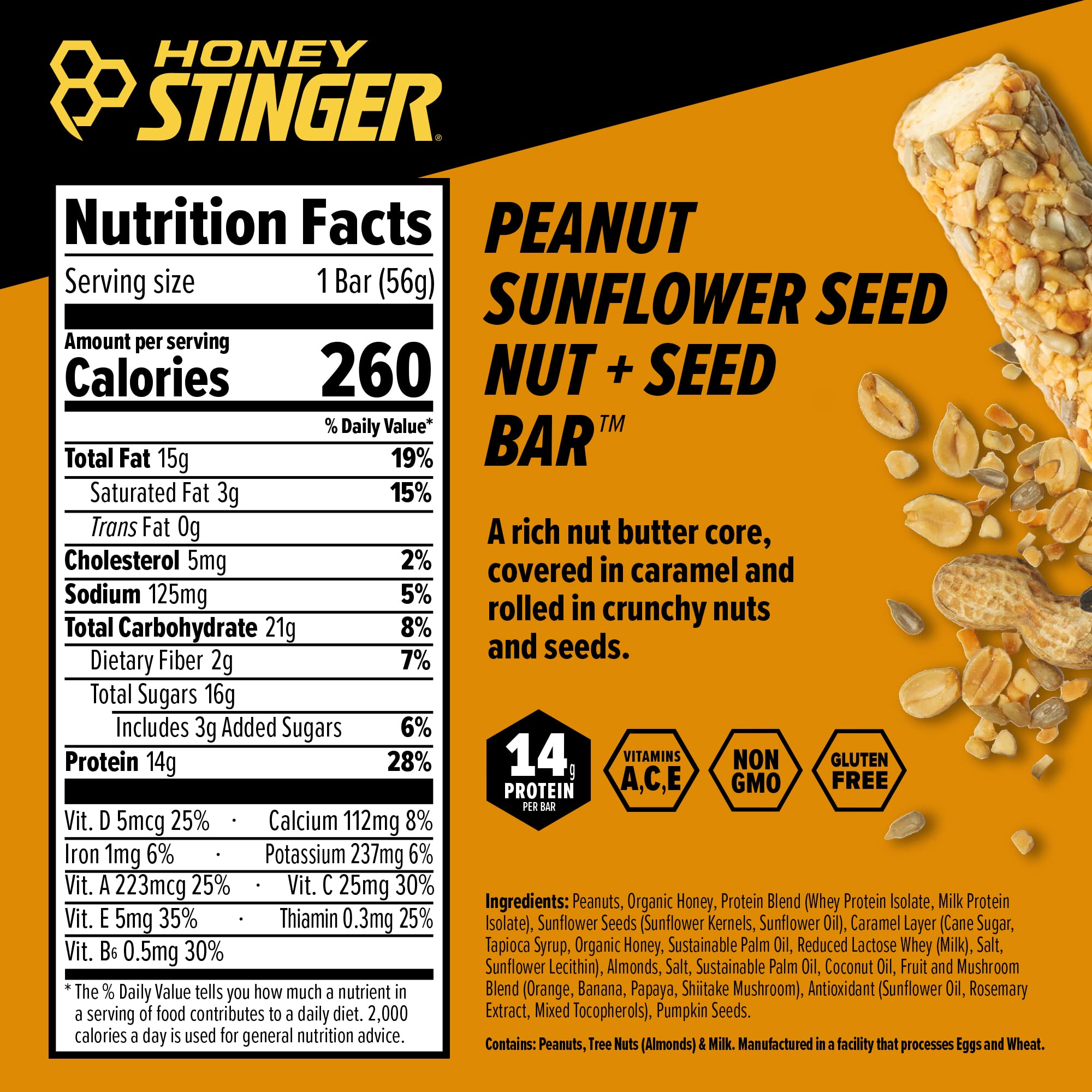 Honey Stinger Nut + Seed Bar, Peanut Sunflower Seed, Protein Packed Food for Exercise, Endurance, Performance and Recovery, Sports Nutrition Snack Bar for Home & Gym, Post Workout, Box of 12