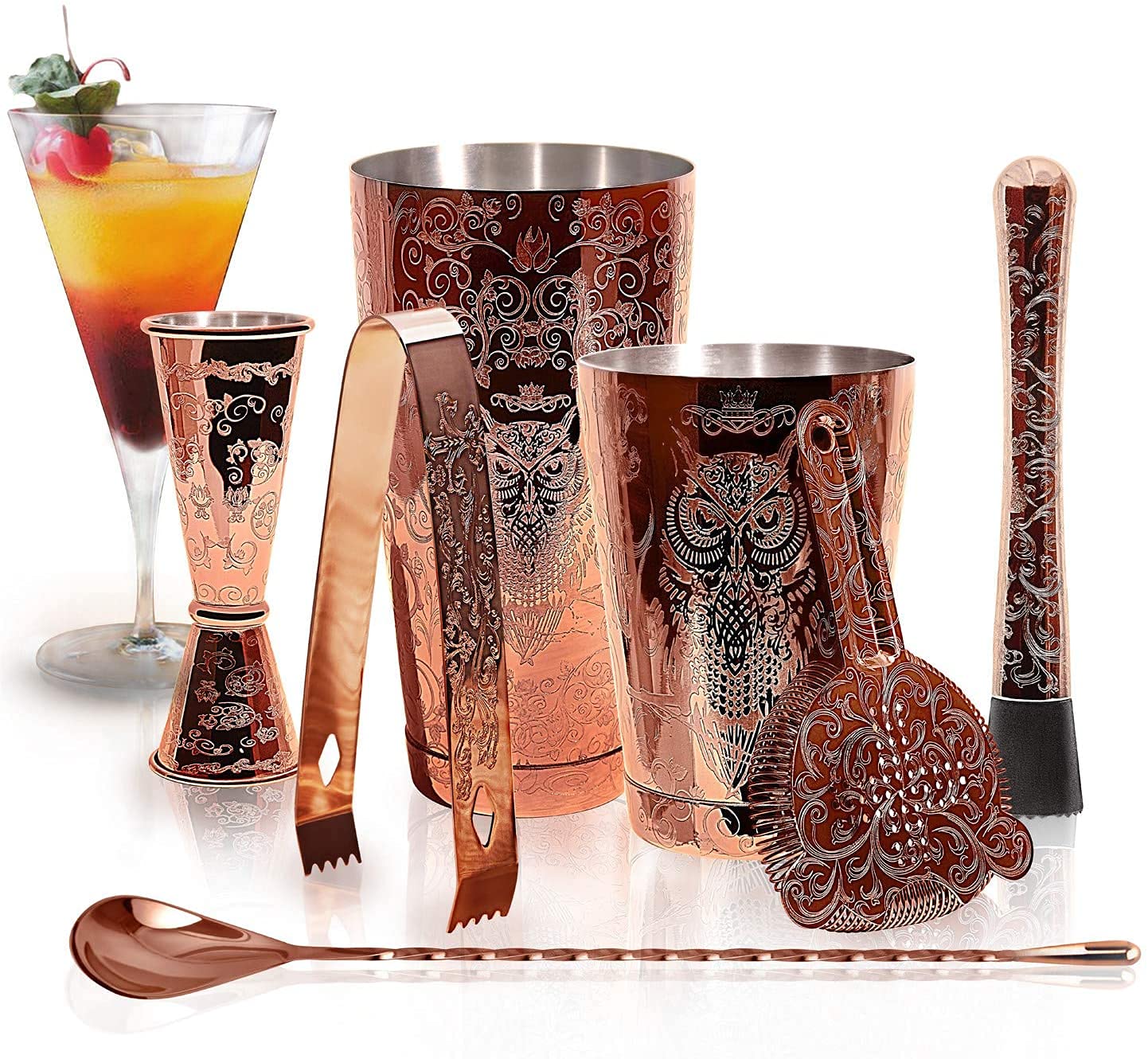 SKY FISH Cocktail Shaker Set, Etching Boston Cocktail Making Set, 7-piece Luxury Bartender Kit in Gift Box, Copper Plated Barware Kits, Handwash (Rose gold)