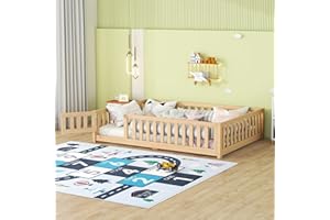 ROCKINGRUN Full Size Montessori Floor Bed Frame with Safety Fence & Convertible Door, Toddler Playhouse Floor Bed with Sturdy Soild Wood Slats Guardrails for Girls, Boys, Child Bedroom, Kids Playroom (Natural)