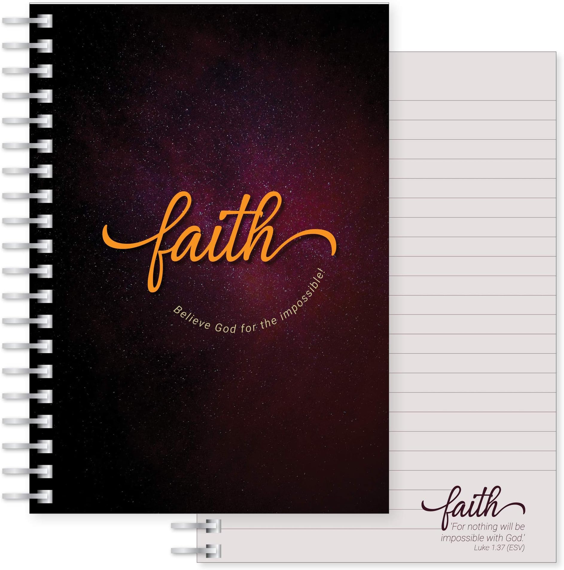 Christian Notebook, Faith, A5 lined, with Luke 1:37 Bible verse at the bottom of each page, perfect as a Bible Study Journal or Christian Gift, by Just Cards Direct