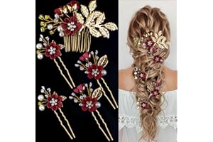 LAPOHI 5 PCS Bridal Flower Wedding Hair Pins Crystal Pearl Headpiece Gold Wedding Hair Accessories Jewelry Rhinestone for Brides Bridesmaids Women Girls Updo, Exquisite Flower Leaves&Elegant Burgundy