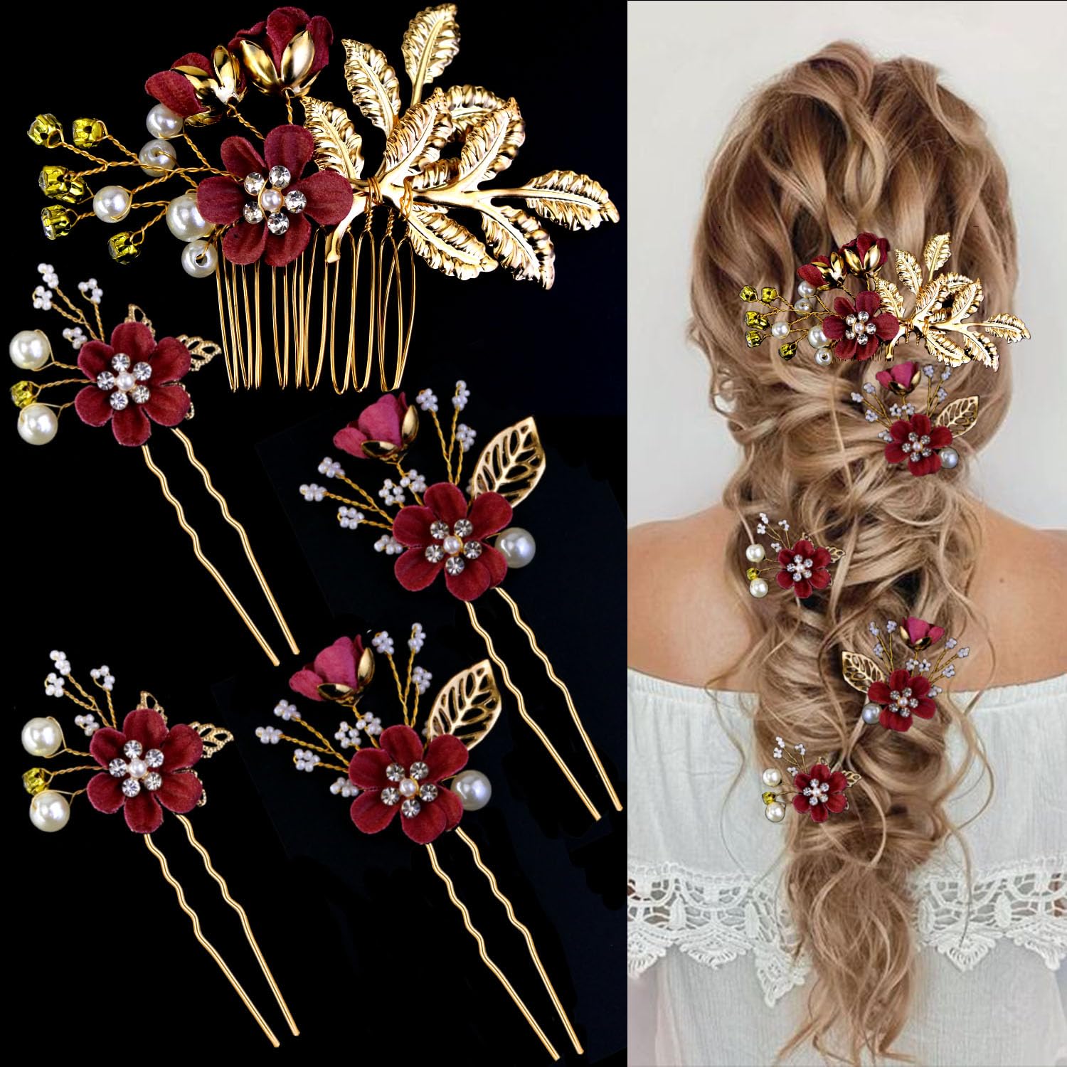 Photo 1 of 5 PCS Bridal Flower Wedding Hair Pins Crystal Pearl Headpiece Gold Wedding Hair Accessories Jewelry Rhinestone for Brides Bridesmaids Women Girls Updo, Exquisite Flower Leaves&Elegant Burgundy