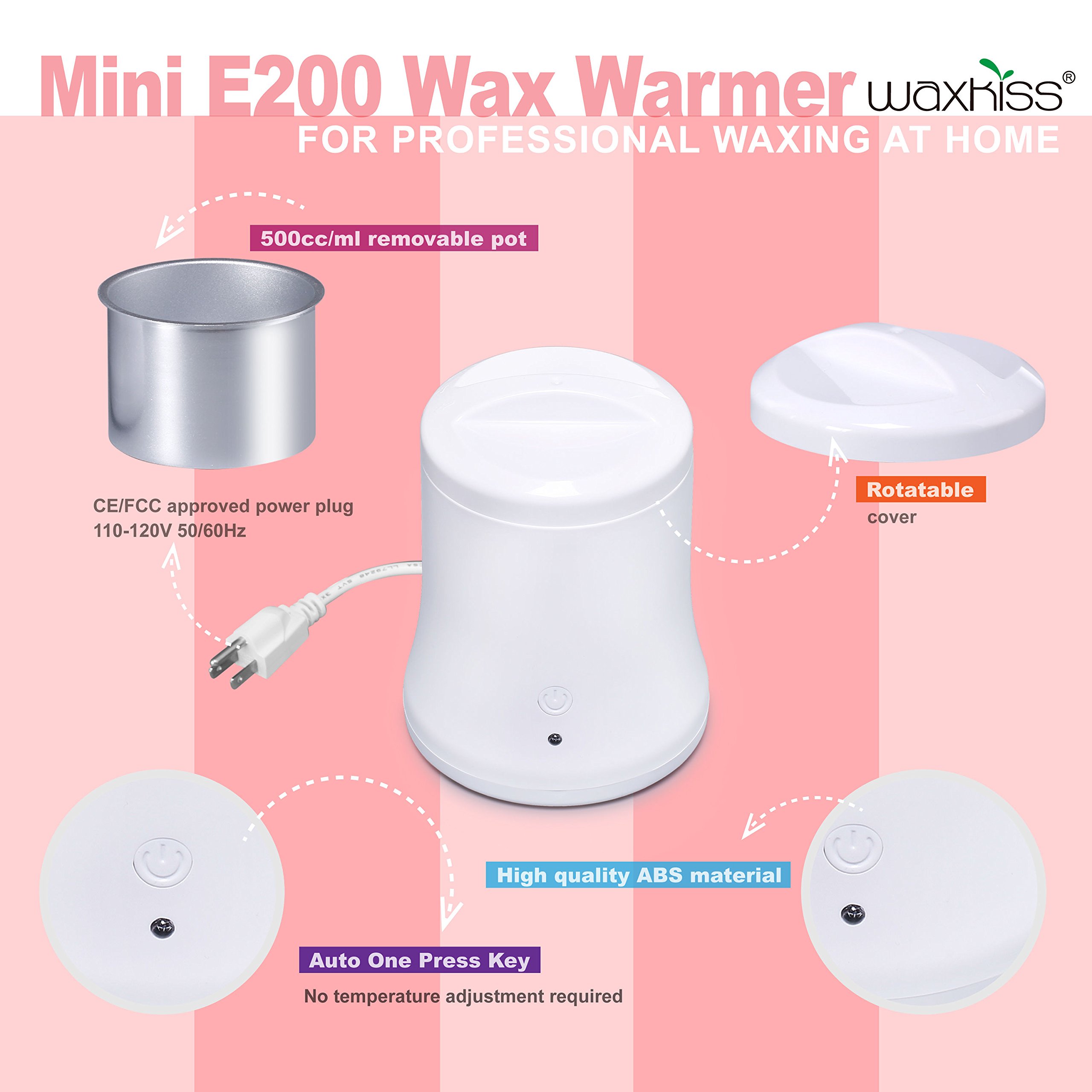 [ 2018 Upgrade Version ] Waxkiss Mini Wax Warmer Kit 7oz Hair Removal Wax Heater Kit One Key Control with Hard Wax Beans for Woman & Man Wax Kit (1 Wax Warmer & 2 Bags Wax Beans & 10 Wooden Sticks)