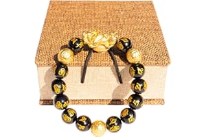 biuufish Feng Shui Bracelet Obsidian Bracelet, 24k Gold Plated Pixiu Bracelet Dragon Protection for Men Women, Mantra Prayer Beads Bracelets Meaning to Attract Wealth and Good Luck(12mm)