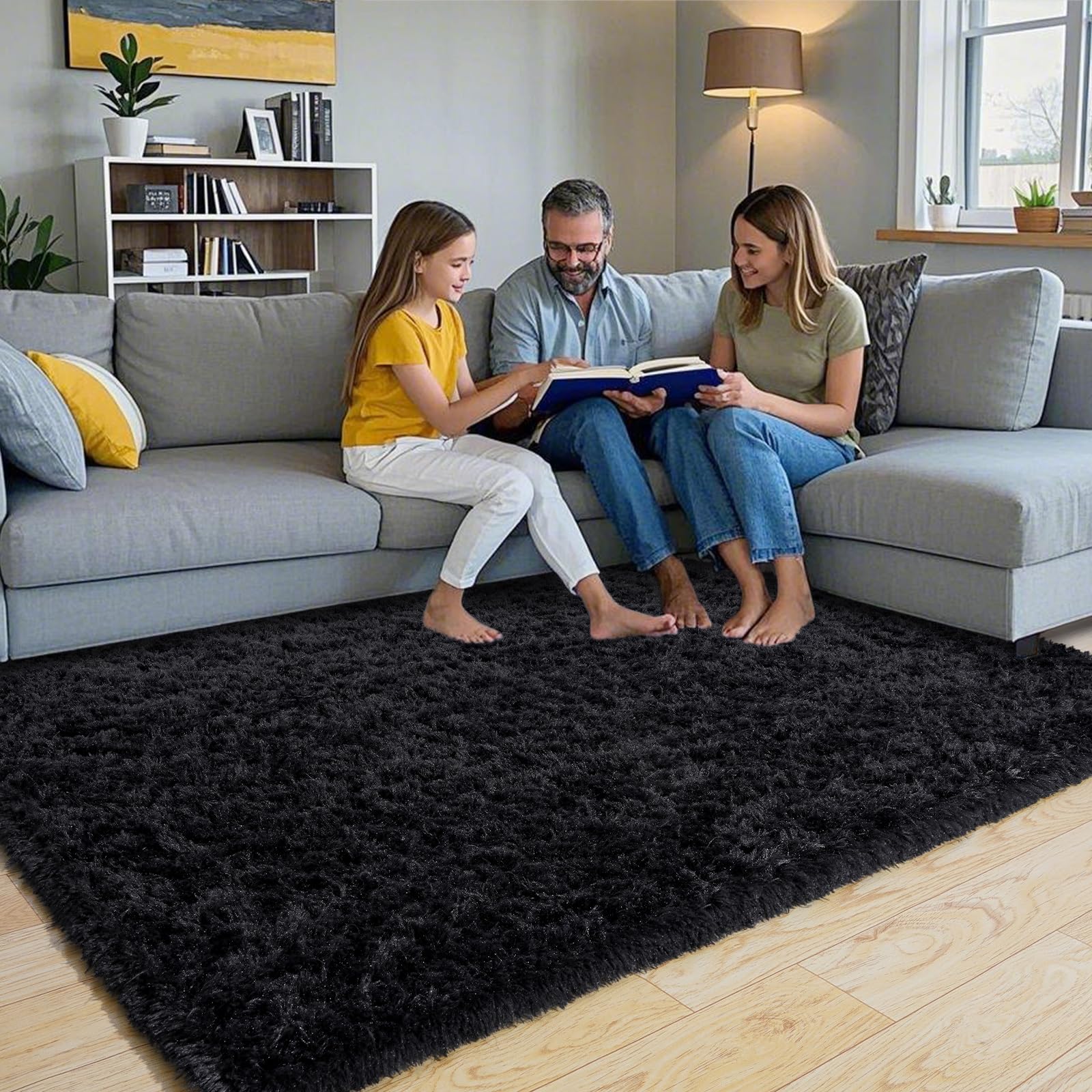 Pionblank Fluffy Area Rug for Bedroom 4x6 Feet, Indoor Plush Carpet, Shag Soft Bedside Rug, Cute Comfy Furry Rug for Living Room Dorm Girls Boys Room Nursery Decor, Black