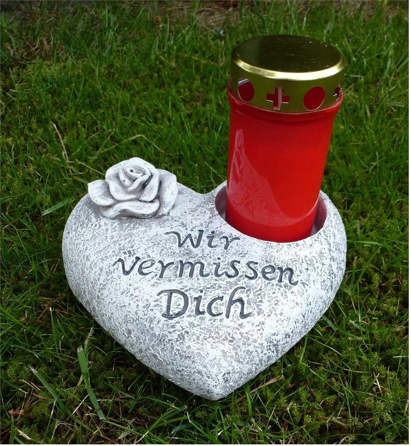 Home3010 Grabschmuck Deko Herz mit Ausschnitt für Grabkerze, Rose, grau-antik 19 cm
