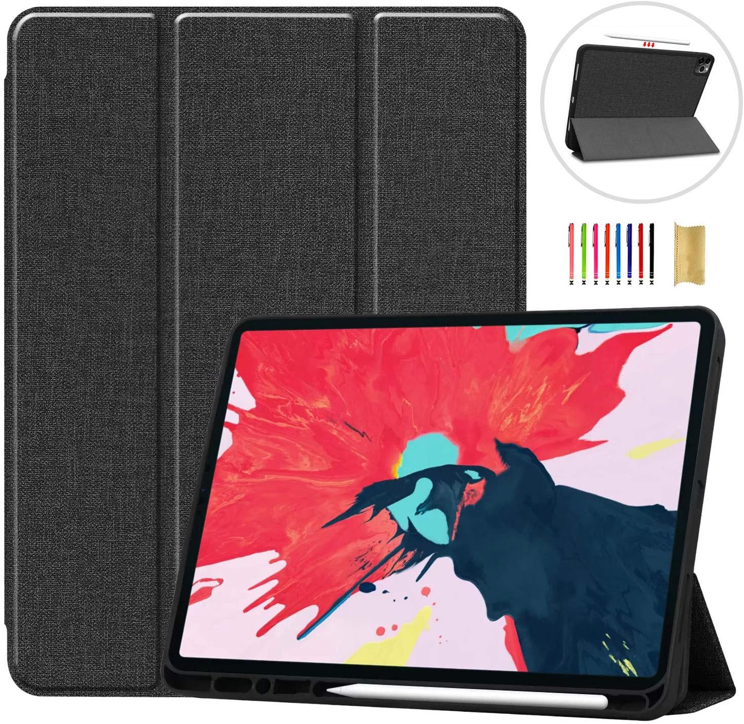 iPad Pro 12.9 Case 2020, APOLL [Built-in Pencil Holder] Trifold Stand Scratch Resistant Soft TPU Back Protective Case with Auto Sleep Wake Function for 2020 iPad Pro 12.9 Inch 4th Generation, Black