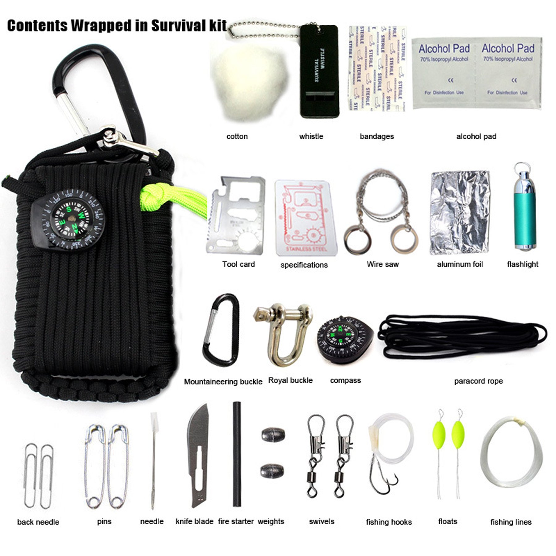 Micogo 29pcs Paracord Emergency Survival Kit,First Aid Kit & Emergency Fishing Gear Whistle Fire Starter Set & more (Black)