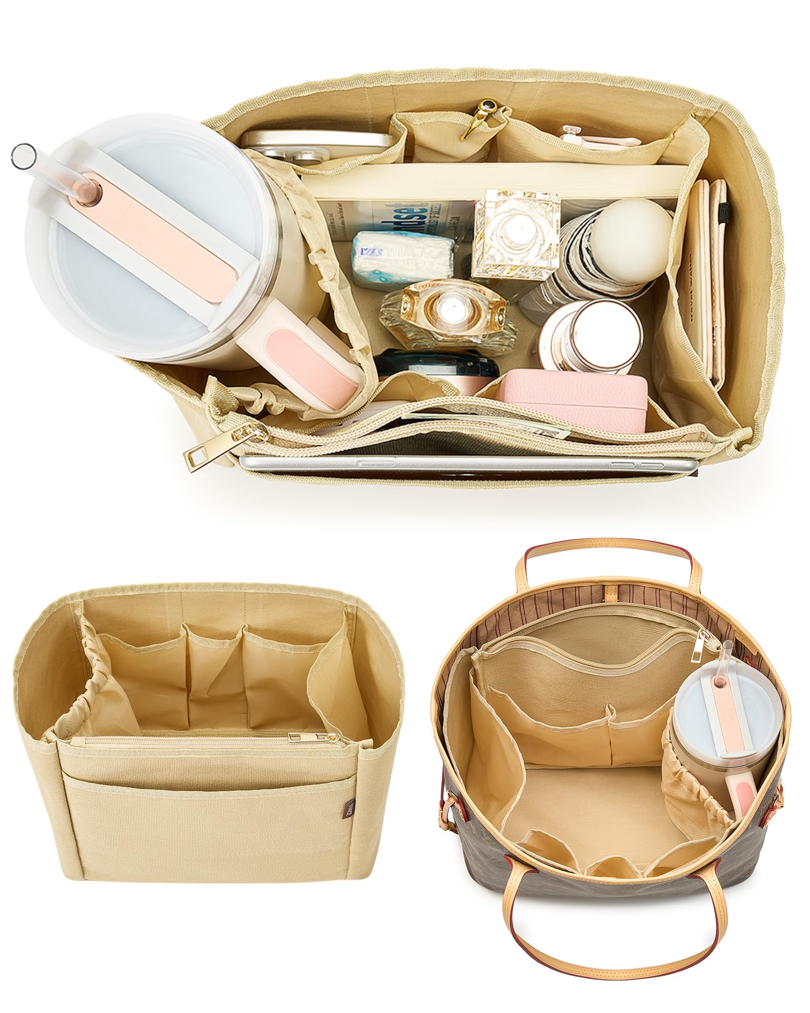 Photo 1 of Tote Bag Organizer Insert with Stanley Cup Holder and Zipper Bag, Compatible with Neverfull, Saint Louis and More, 9 Pockets (Beige, Large)