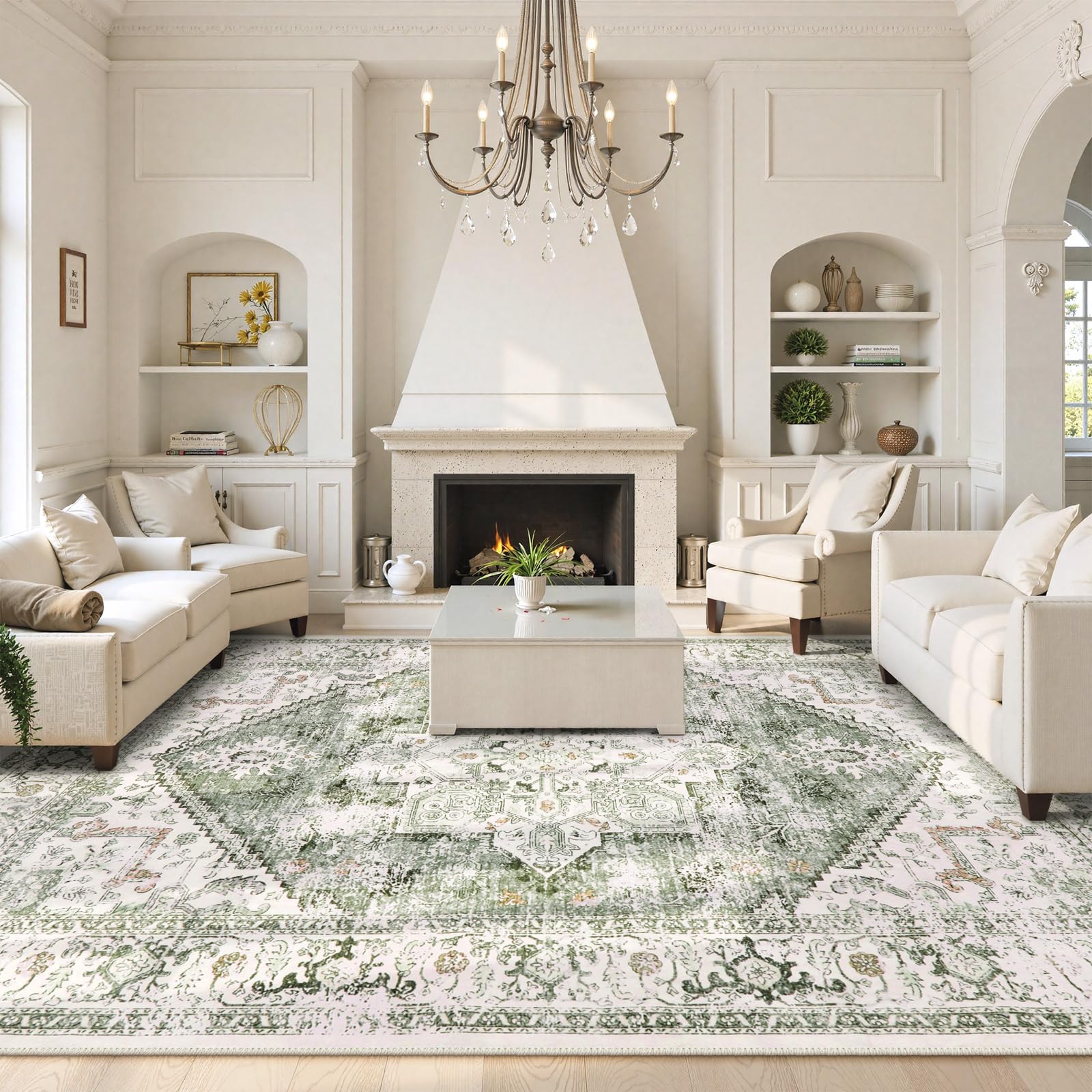 LIVEBOX Washable 9x12 Area Rugs, Large Rugs for Living Room Boho Soft Non-Slip Rug, Low-Pile Vintage Medallion Rug, Retro Indoor Carpet for Dining Room Bedroom Office Sage Green Image