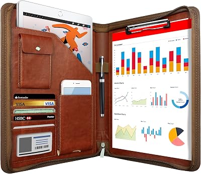 WRIYES Zippered Padfolio Leather Organizer 10.2 Inch Brown