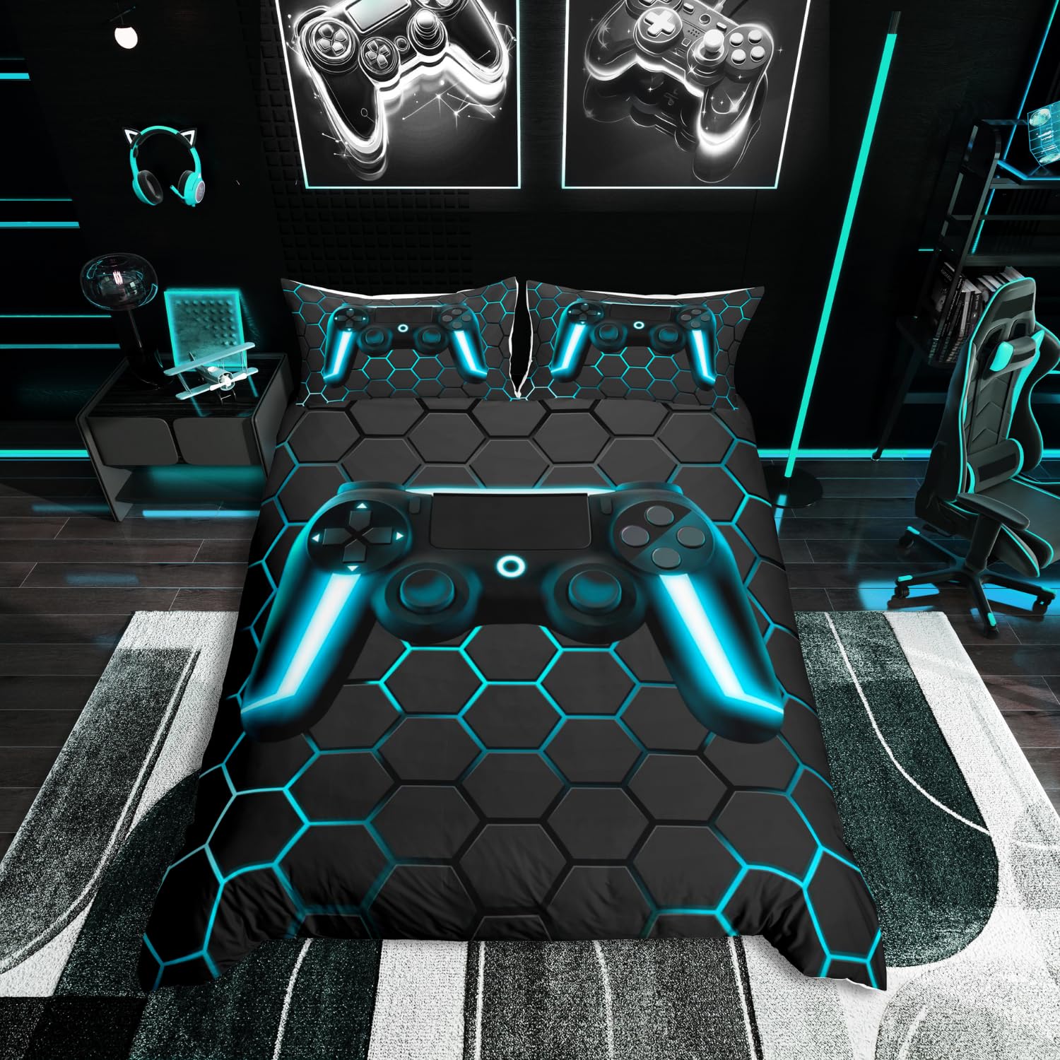 Homewish Boys Gamer Comforter Cover Honeycomb Geometric Bedding Sets Neon Lights Gamepad Gaming Duvet Cover Set For Kids Teen Youth Man Hexagon Beehive Quilt Cover With 2 Pillow Cases King Size Blue
