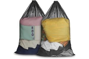 NEWJMM Large Mesh Laundry Bag for Travel: 2 Pack 23 x 34 Inches Heavy Duty Hamper Liner Bags - Washable Laundry Drawstring Bag for College, Dorm, Family and Apartment Dwellers, Black