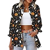 UYIQL Halloween Long Sleeve Shirts for Women Vintage Button Up Halloween Holiday Party Blouse Black 2XL