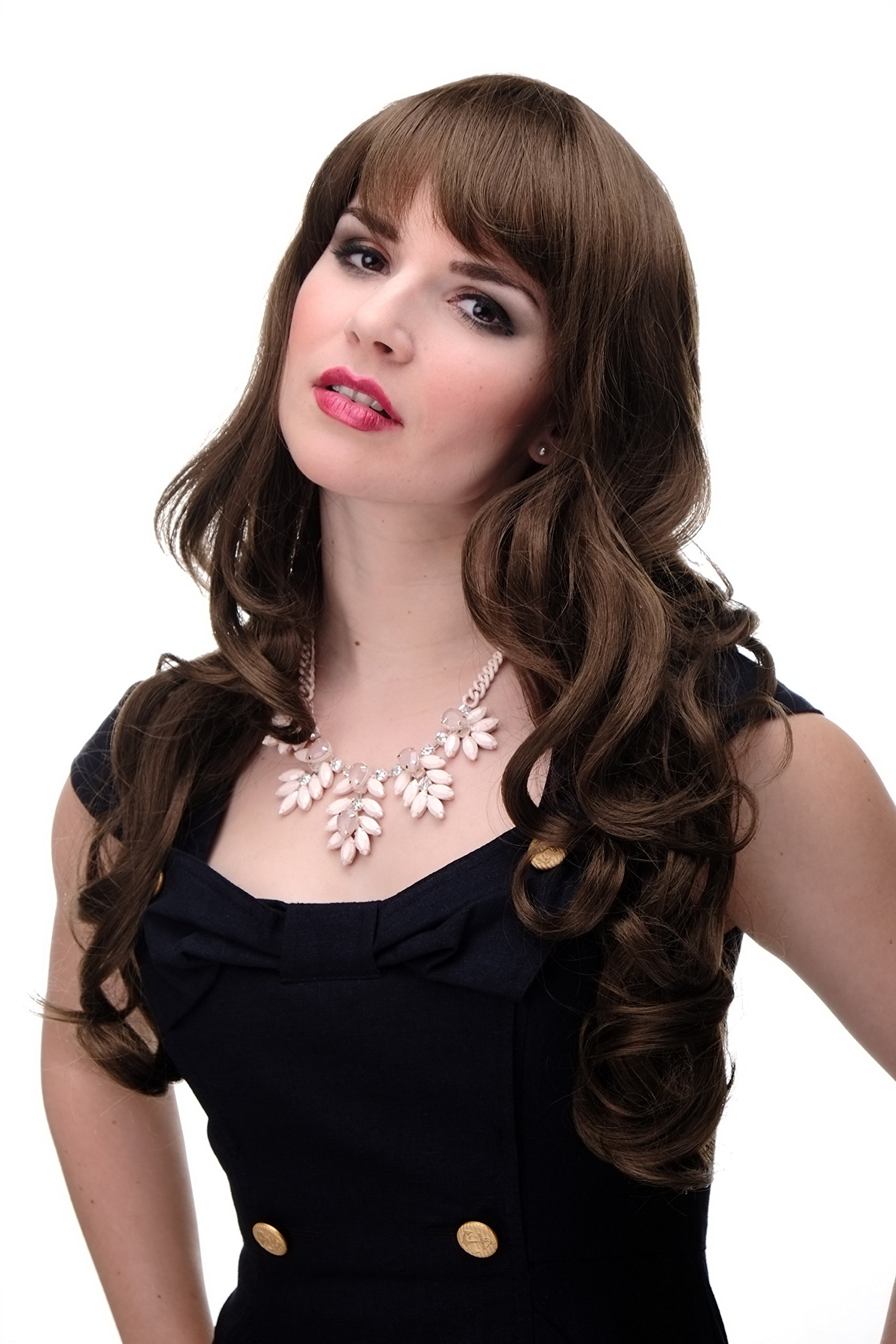 WIG ME UP 285-10 Lady Quality Wig very long beautiful curling ends straight top fringe bangs medium gold brown approx 25inch