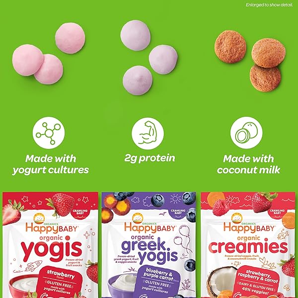 HAPPY BABY ORGANICS BABY SNACKS, GREEK YOGIS, FREEZE DRIED YOGURT &VEGGIE FRUIT SNACKS, GLUTEN FREE BABIES 9+ MONTHS, BLUEBERRY & PURPLE CARROT, 1 OUNCE
