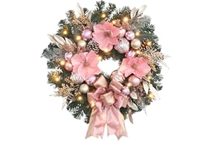 vofuly 22inch Christmas Pink Wreath for Front Door with 25 LED Lights w/Timer,Elegant Magnolia Christmas Door Wreath,Lighted Festive Winter Decor,Pink Decorations for Wedding