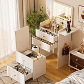 COMHOMA Makeup Vanity Desk with Mirror and Lights, Small 3 in 1 Vanity Table with Visible Glass Top, Flip Top &amp; 3 Drawers, Compact Dressing with Storage Stool for Room or Office