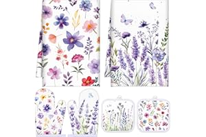 Sunnychicc Spring Lavender Oven Mitts and Pot Holders Kitchen Dish Towels Set Purple Flower Spring Kitchen Towels and Dishcloths for Baking Cooking Women BBQ Grilling Hand Dish Gifts