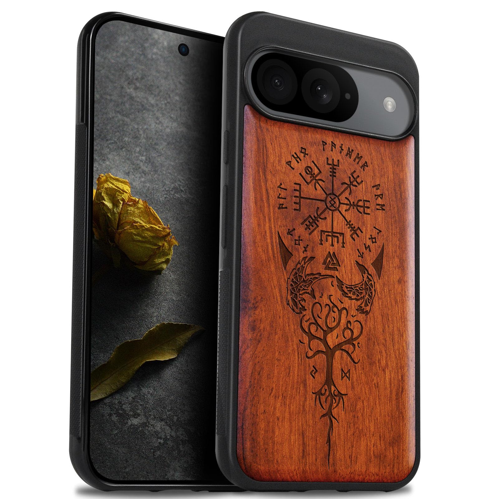 Carveit Wood Case for Pixel 9 [Natural Wood & Black Soft TPU] Shockproof Protective Cover Unique Wooden Compatible With Google Pixel 9 (The Guiding Vegvisir-Red Wood)