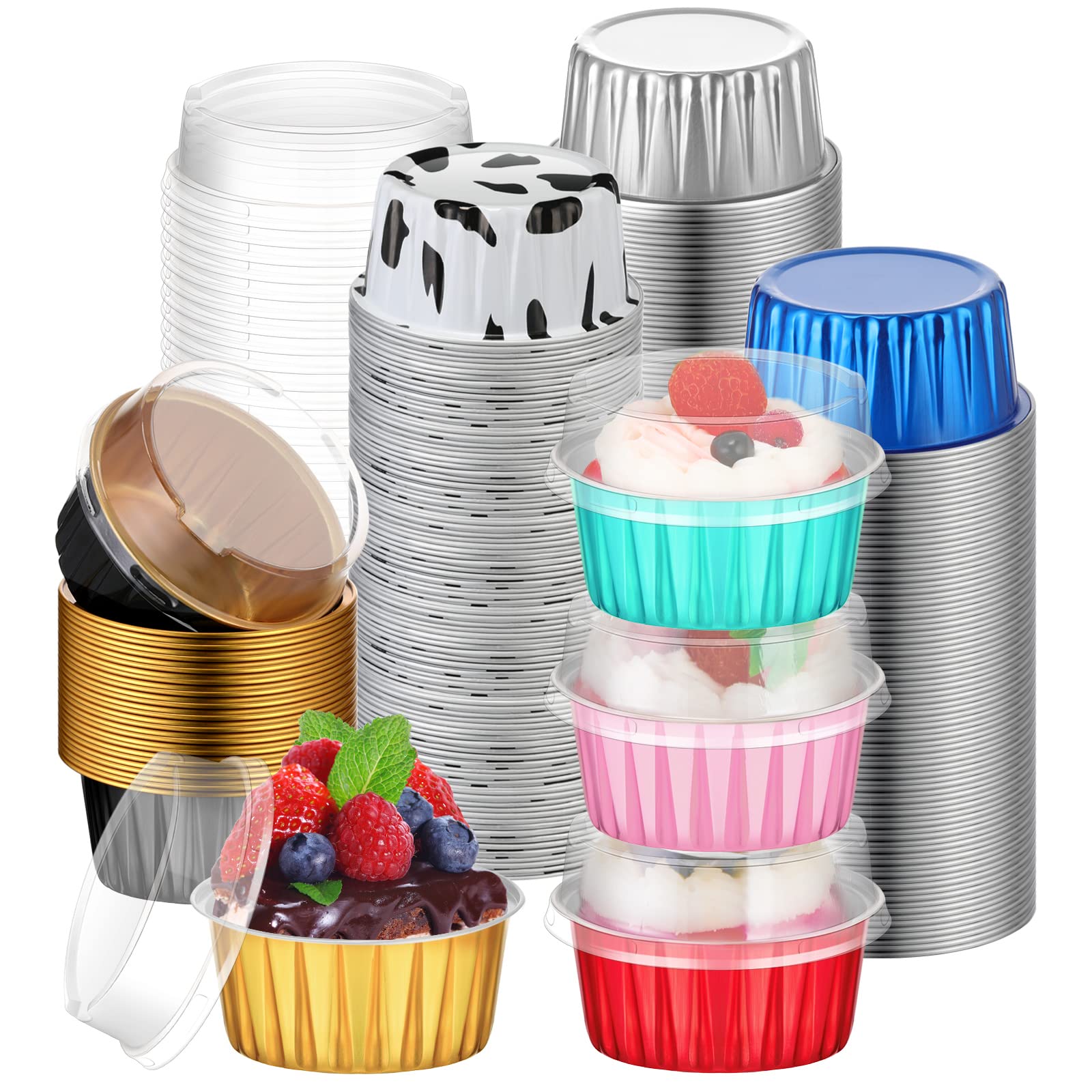 Photo 1 of 120 Pcs Aluminum Foil Baking Cups Mini Cake Pans with Lids 5 oz Cupcake Liners Disposable Muffin Tins Wrappers Baking Foil Ramekins Pans Aluminum Cupcake Cups for Birthday Party(Multicolor)