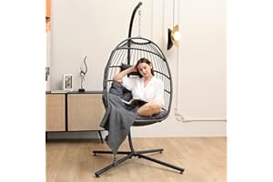 SWITTE Egg Chair Outdoor with Stand, Indoor Wicker Hanging Egg Swing Chair with Cushion, 350lbs Capacity for Patio, Bedroom, Garden - Dark Grey
