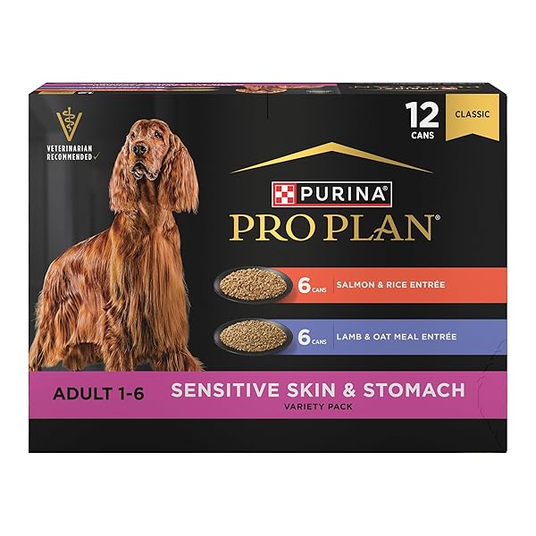 PURINA PRO PLAN SENSITIVE SKIN AND STOMACH WET DOG FOOD, SALMON AND RICE AND LAMB AND OAT MEAL VARIETY PACK – (PACK OF 12) 13 OZ. CANS