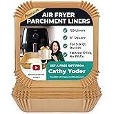 Cathy Yoder's AirFryer Paper Liners, 125 PCS 8-inch Square Air Fryer Liners Disposable, Premium, Food-Grade Easy Cleanup Air Fryer Parchment Paper Sheets, Airfryer Liner for 5-8QT, Baking & Roasting