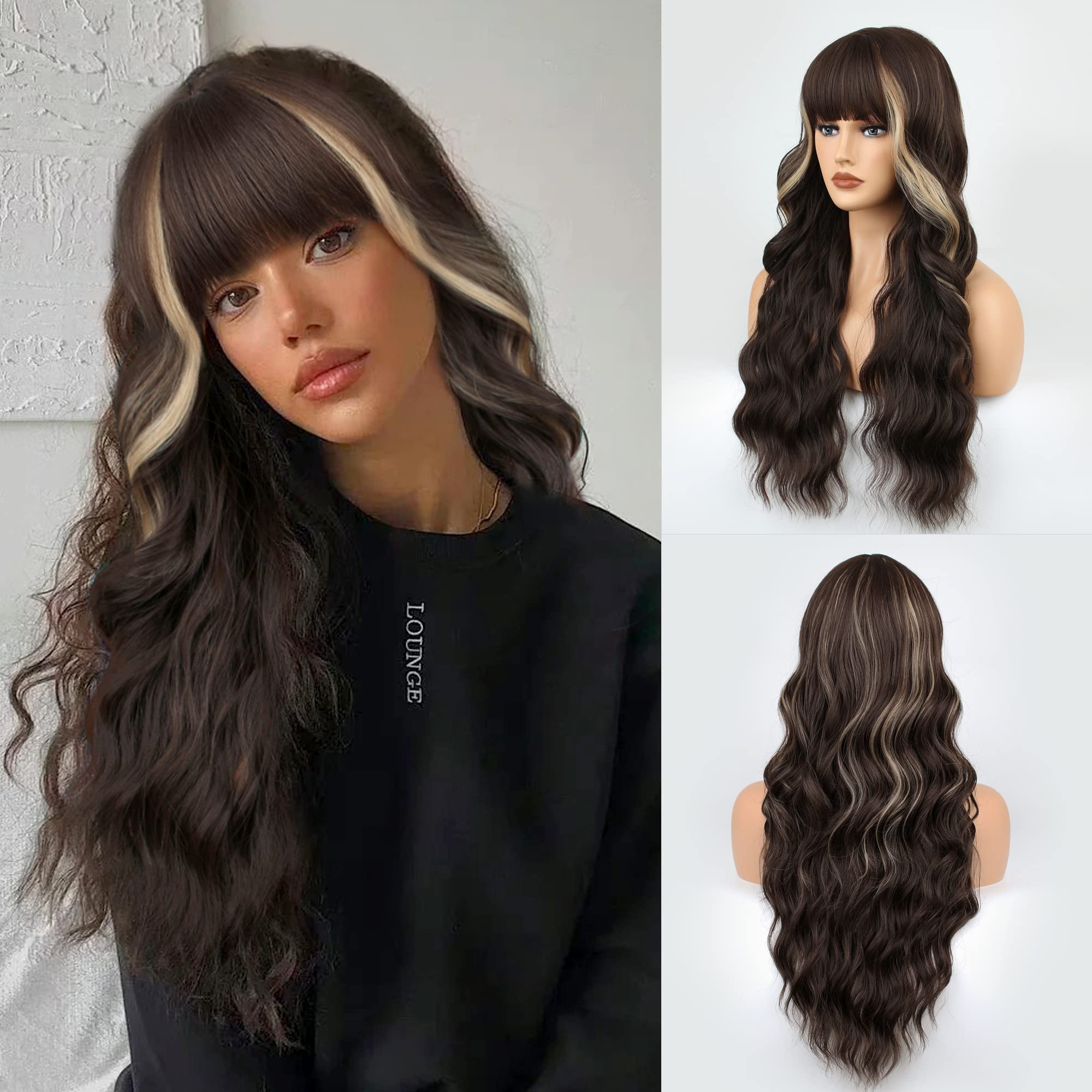 FAELBATY Long Brown Highlight Golden Wig with Bangs for Women Long Wavy Hair Wig Brown Curly Wavy Wig Synthetic Wigs for Girls Daily Life Party Cosplay Wig (25" H6A/18H#) — image 1