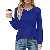 WIHOLL Womens Tunic Tops Loose Fit Long Sleeve Pleated Shirts Crewneck Tops