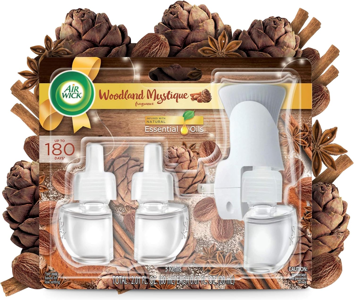 Air Wick Plug in Scented Oil Starter Kit + 3 Refills, Woodland Mystique, Fall Scent, Fall Spray, (3x0.67oz), Essential Oils, Air Freshener