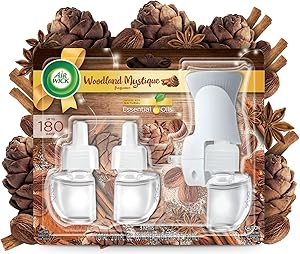 Air Wick Plug in Scented Oil Starter Kit + 3 Refills, Woodland Mystique, Fall Scent, Fall Spray, (3x0.67oz), Essential Oils, Air Freshener