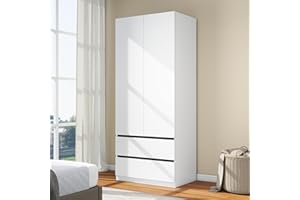 LABROSKIA White Wardrobe Closet with Doors: 75" Large Capacity Bedroom Armoire, Wooden Cabinet with 2 Drawers, Hanging Storage Shelves with Hanging Rod (Contemporary, 1)