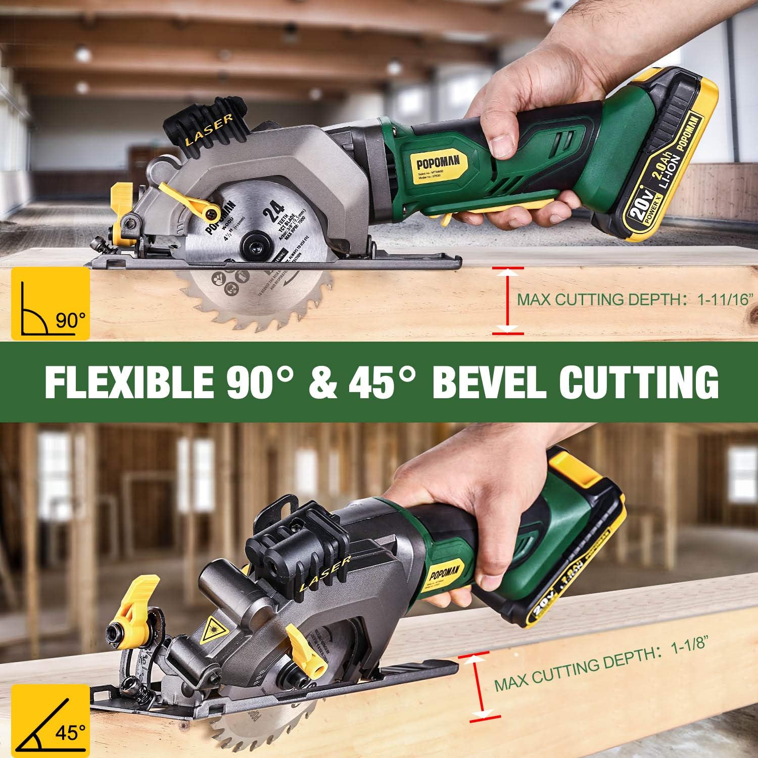 POPOMAN Cordless Circular Saw, 4-1/2" Saw with Laser Guide, 20V 2.0Ah Battery, 1H Charger, 9.5" Base Plate, Max Cutting Depth 1-11/16'' (90°), 1-1/8'' (45°), Wood, Plastic and Metal Cuts - MTW80B - - 