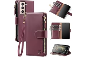 Shieldtop for Samsung Galaxy S21 Wallet Case with Card Holder,Women Men RFID Blocking PU Leather Flip Cover Wrist Strap Zipper Credit Card Slots,Phone Case for Galaxy S21 6.2",Wine Red