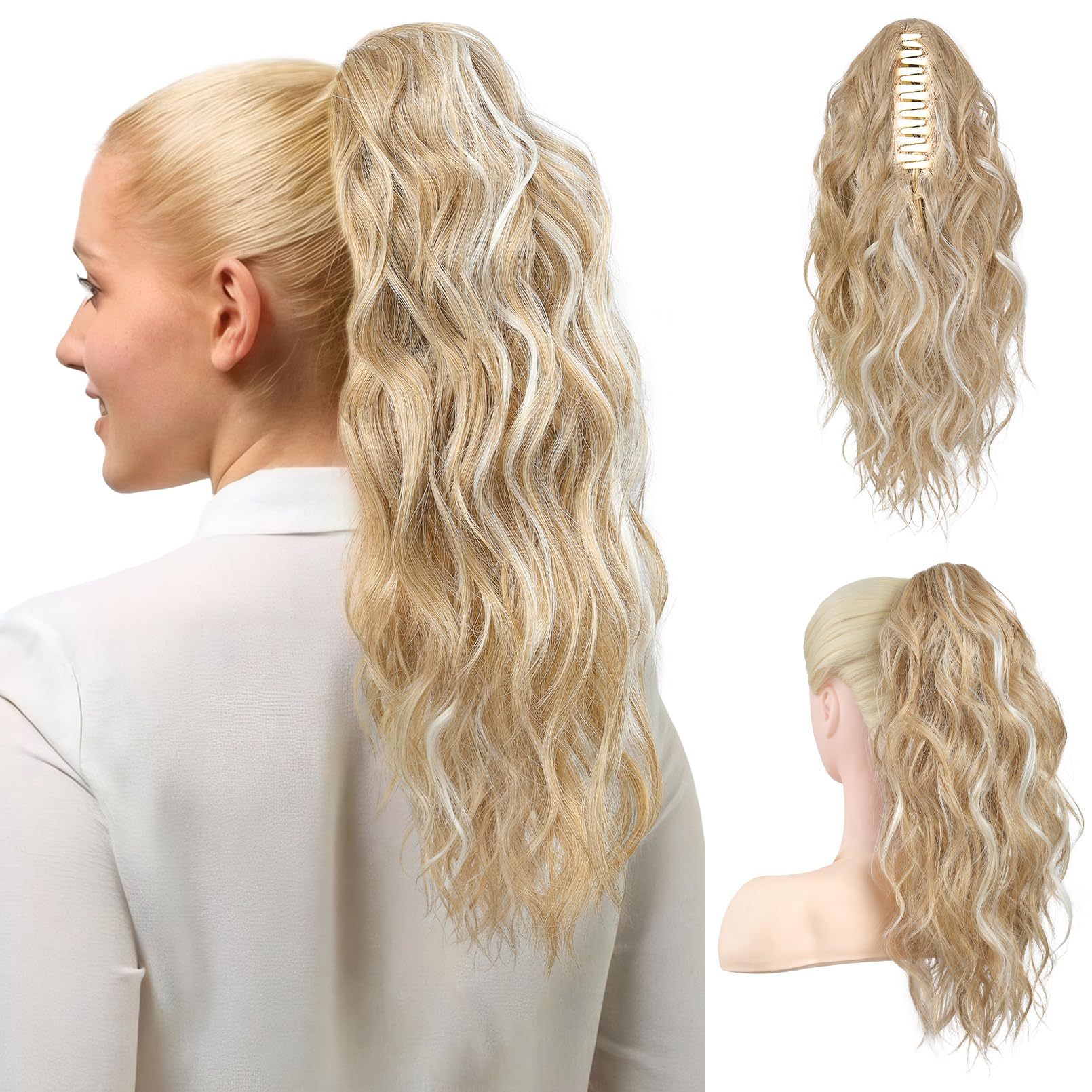 Photo 1 of FLUFYMOOZ Ponytail Extension, 18 Inch Claw Clip Ponytail Extension, Wavy Curly Claw Clip in Ponytail Hair Extensions, Natural Fake Ponytail Synthetic Hairpiece for Women (Golden Blonde White Blonde)