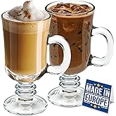 Volarium Irish Coffee Glass Mugs, Latte Cups, Set of 2 Cappuccino and Hot Chocolate Mugs with Handle, Clear Glass Cups for Hot Beverages, 7 3/4 oz