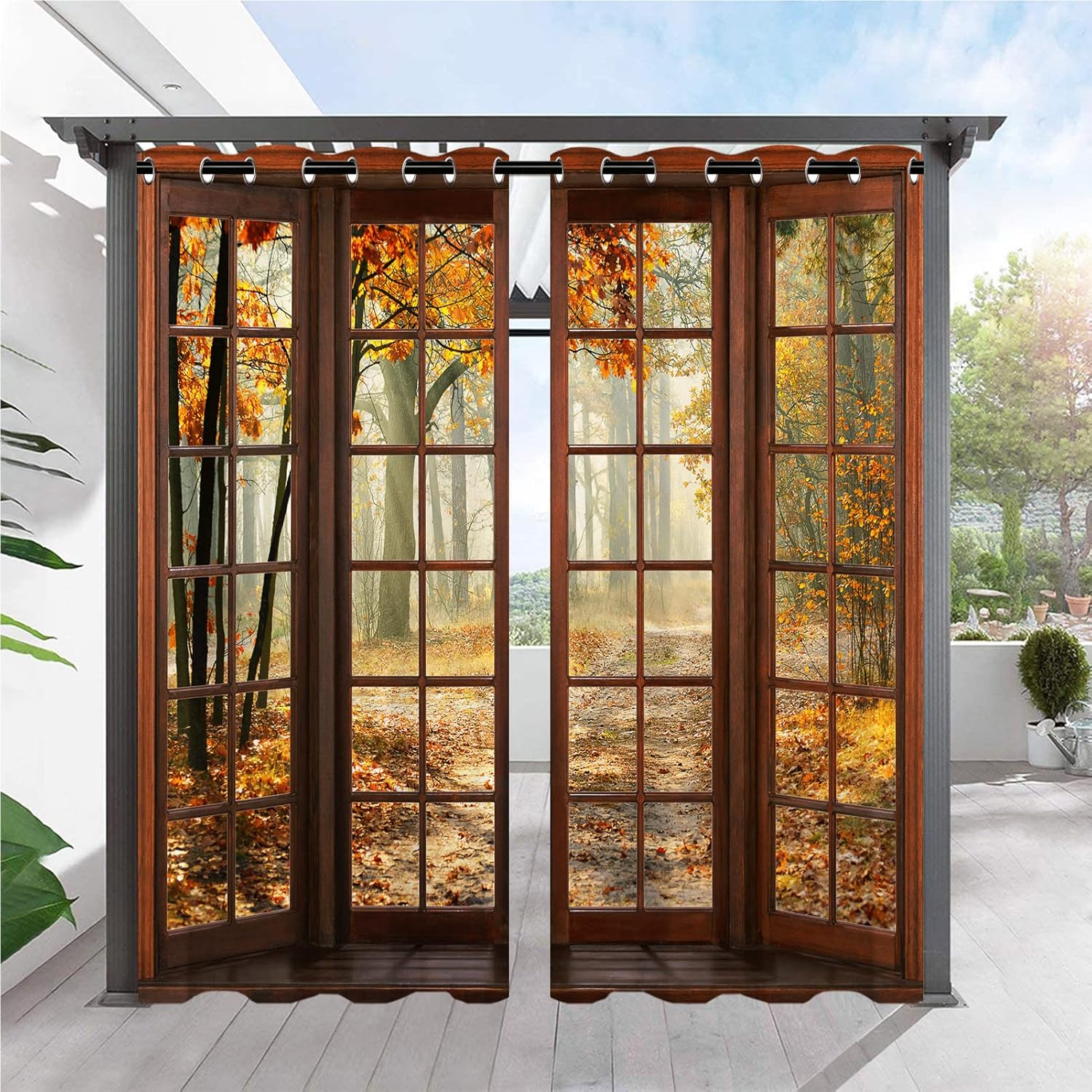 Outdoor Curtains - ANHOPE Outdoor Curtains Waterproof Grommet Curtains Autumn Forest Outside Wooden Window Print Pattern Privacy Outside Curtains for Patio Gazebo Pergola Garden Porch Cabana Pool 2 Panels 54 x 108 Inch