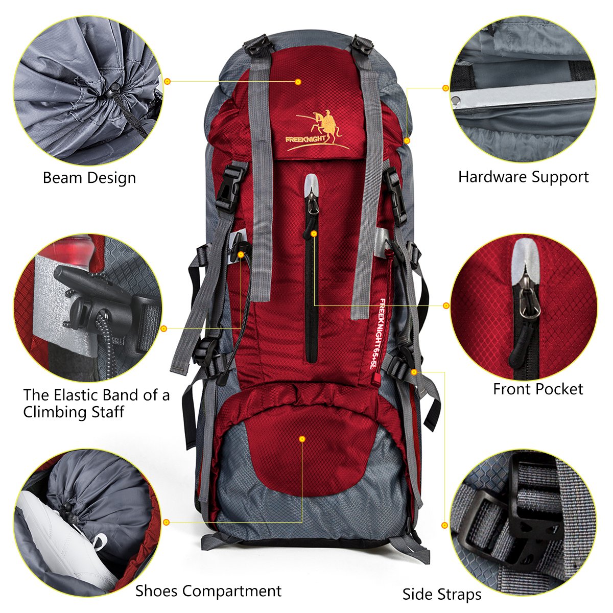 60+5L Water Resistant Hiking Backpack Outdoor Bag for Camping Climbing Mountaineering Travel Daypack Size 12.2\'\'x 9.8\'\'x 29.9\'\' (Red)