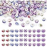 FASHEWELRY 100Pcs 6mm Round Porcelain Ceramic Beads Flower Printed Handmade Vintage Loose Porcelain Craft Beads for DIY Bracelet Necklace Jewelry Making (Purple)