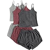 GORGLITTER Women's 3 Sets Ribbed Pajamas Set Sleeveless Crop Top and Tie Front Shorts Lounge Set Sleepwear Loungewear