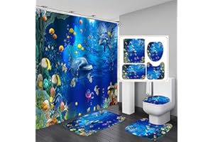 FASHION_MAN OLEBETY 4PCS/Set Cute Dolphin Shower Curtain, Tropical Fish Jellyfish Coral Seaweed Marine Life Ocean Animal Bathroom Decor for Kids, Fabric Bath Curtain, Non-slip Bath Rug Toilet Mat Carpet, Blue Sea